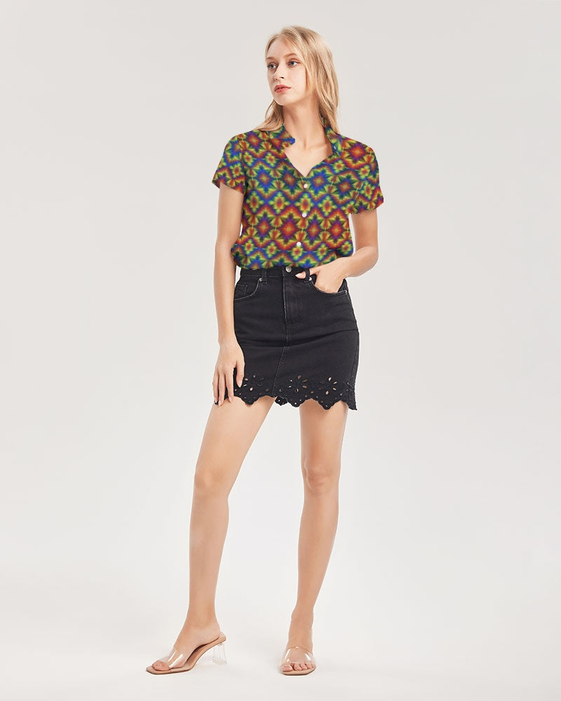 Carnival Kaleidoscope Women's All-Over Print Short Sleeve Button Up