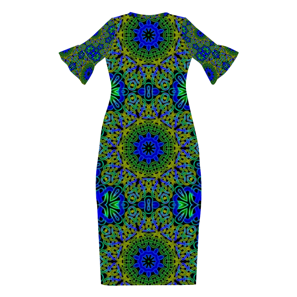 Blue Green Celtic Kaleidoscope Custom Lotus Leaf Short Sleeve Long Dress Women's Summer Fashion Dress