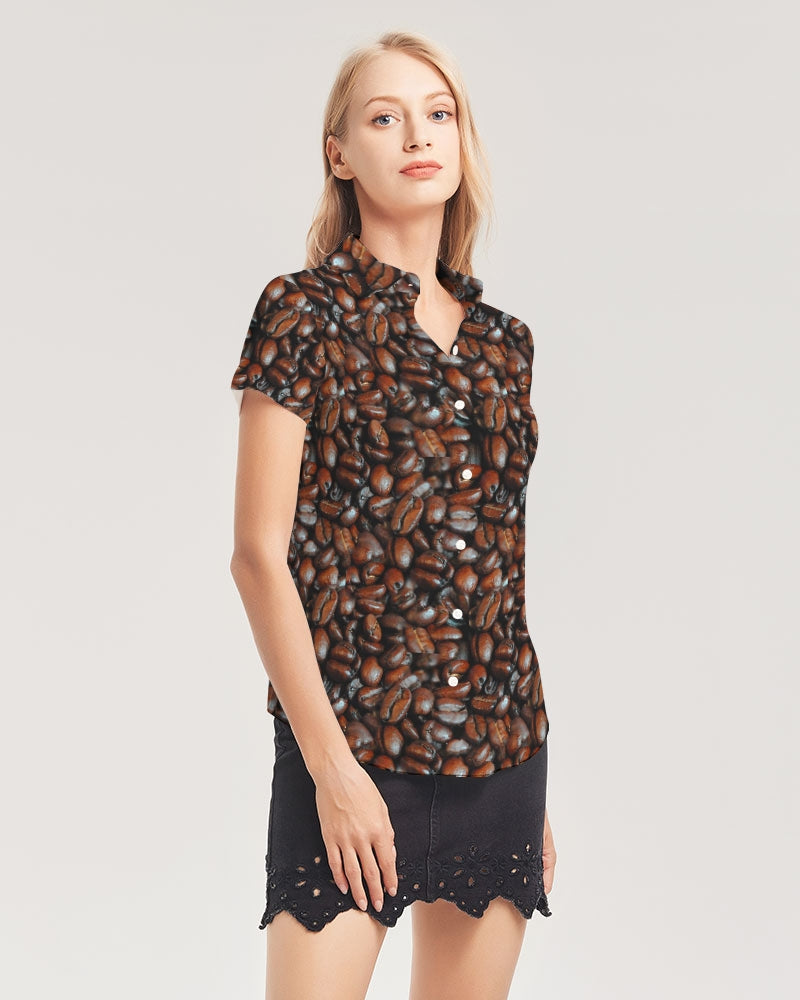 Coffee Bean Pattern Women's All-Over Print Short Sleeve Button Up