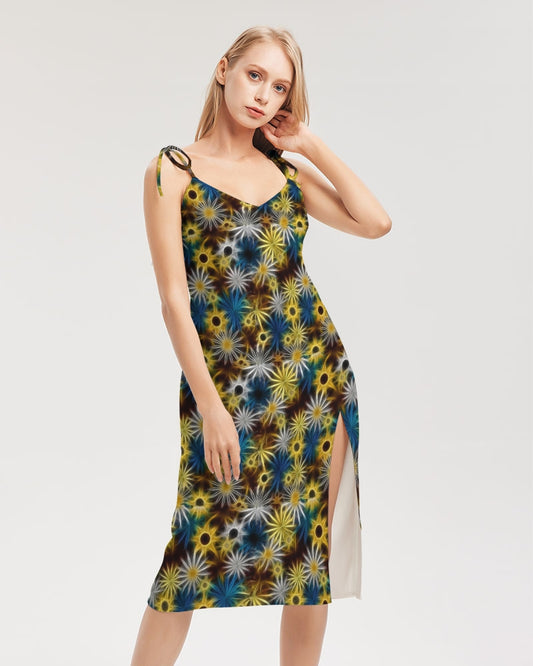 Blue and Yellow Glowing Daisies Women's All-Over Print Tie Strap Split Dress
