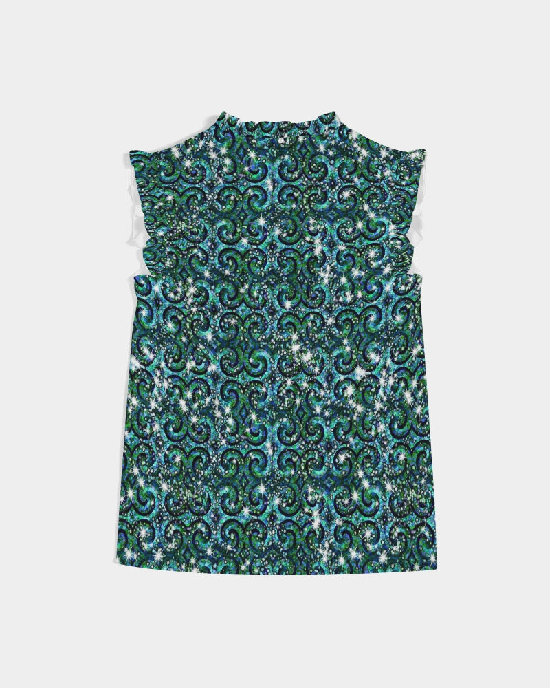 Blue Ice Sparkle Swirl Women's All-Over Print Ruffle Sleeve Top