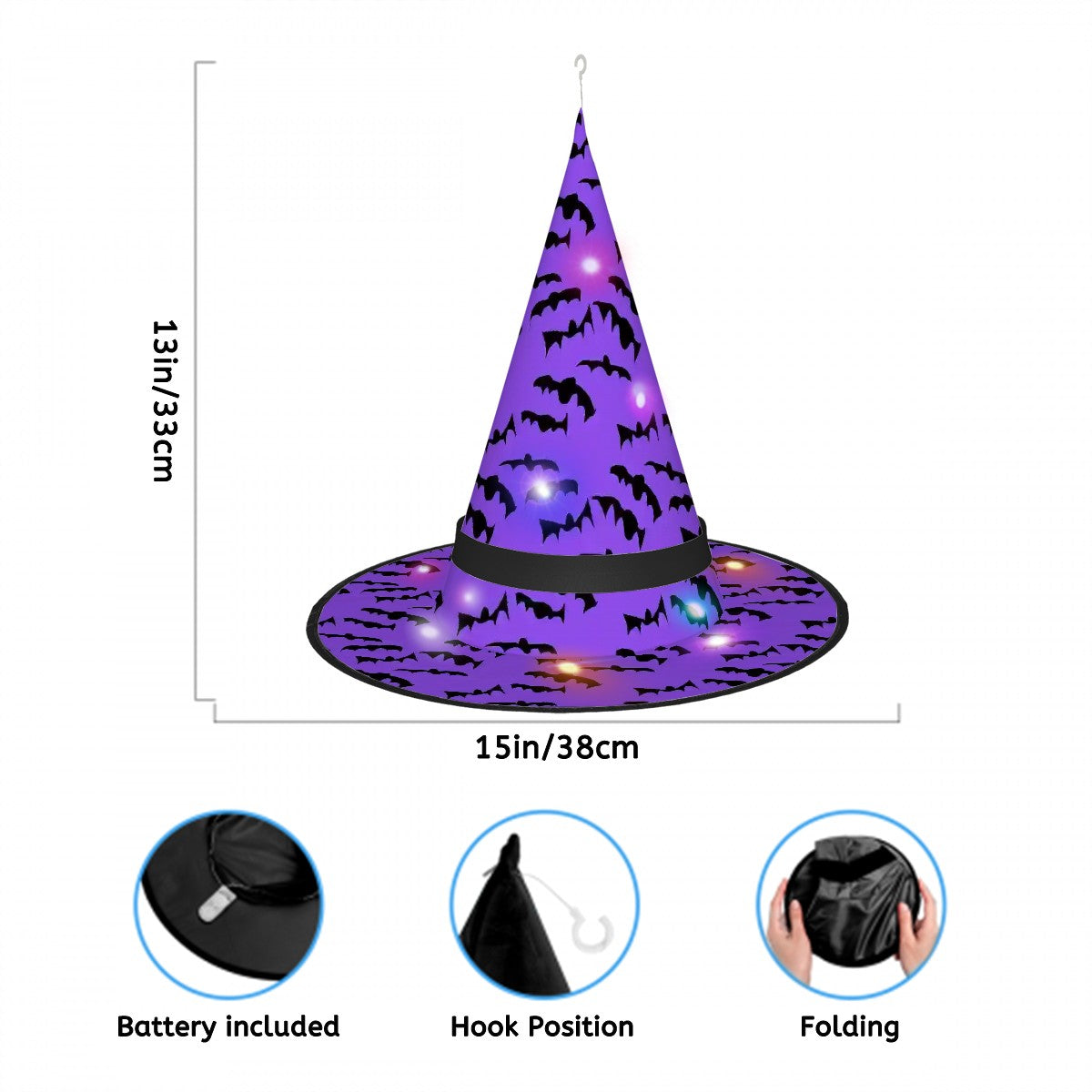 Halloween Witch Hat with LED Lights Bats Pattern