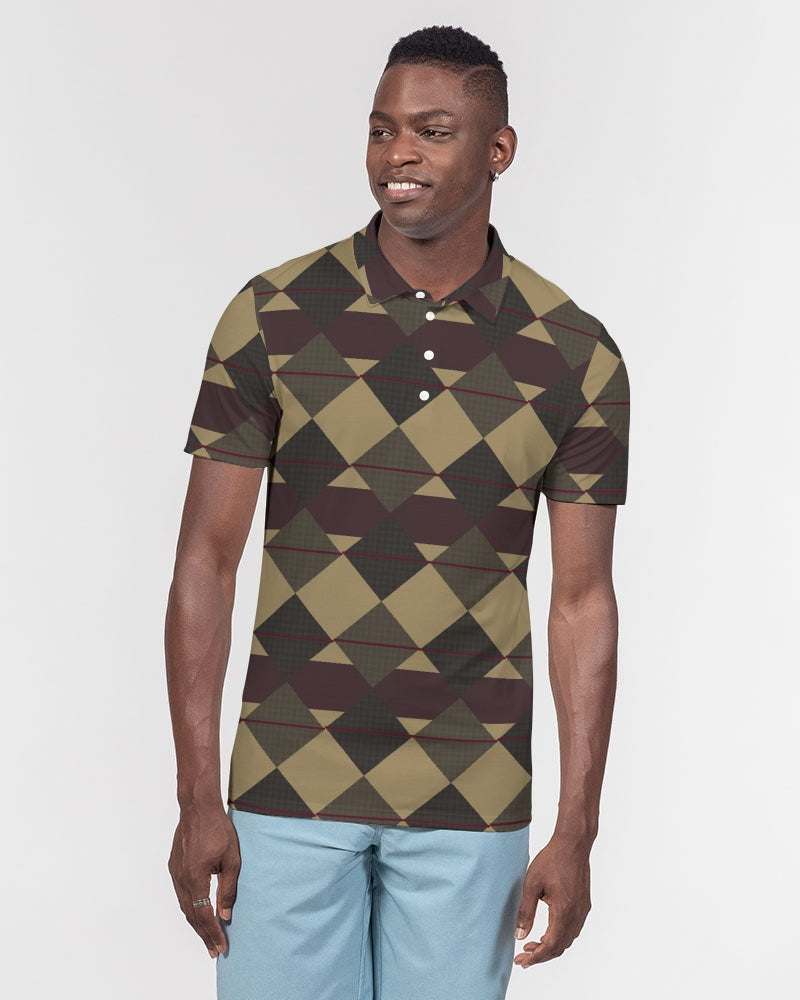 Checkered Brown Plaid Argyle Men's All-Over Print Slim Fit Short Sleeve Polo