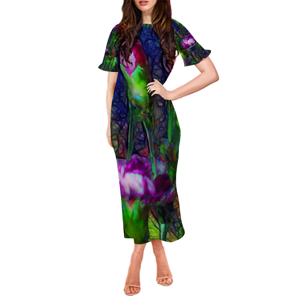 Abstract Pink Carnations Custom Lotus Leaf Short Sleeve Long Dress Women's Summer Fashion Dress