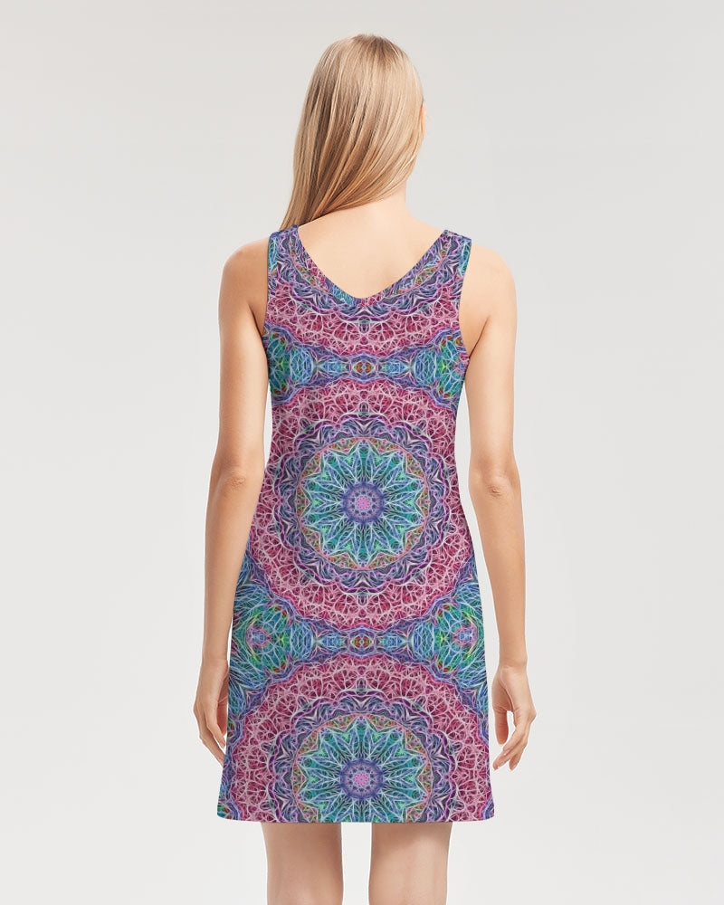 Blue Red Snowflake Kaleidoscope Women's All-Over PrintRib Knit V Neck Mini Dress