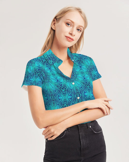 Blue Ice Kaleidoscope Women's All-Over Print Short Sleeve Button Up