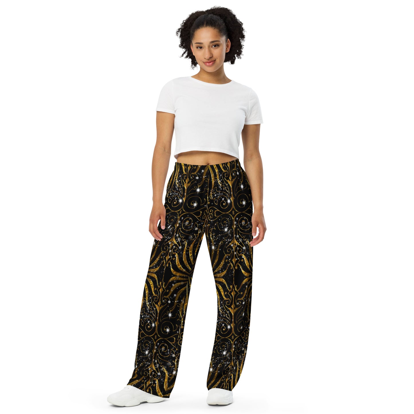 Black and Gold Victorian Sparkle All-over print unisex wide-leg pants