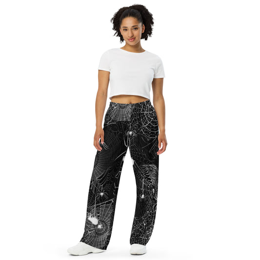 Black and White Spider Webs All-over print unisex wide-leg pants