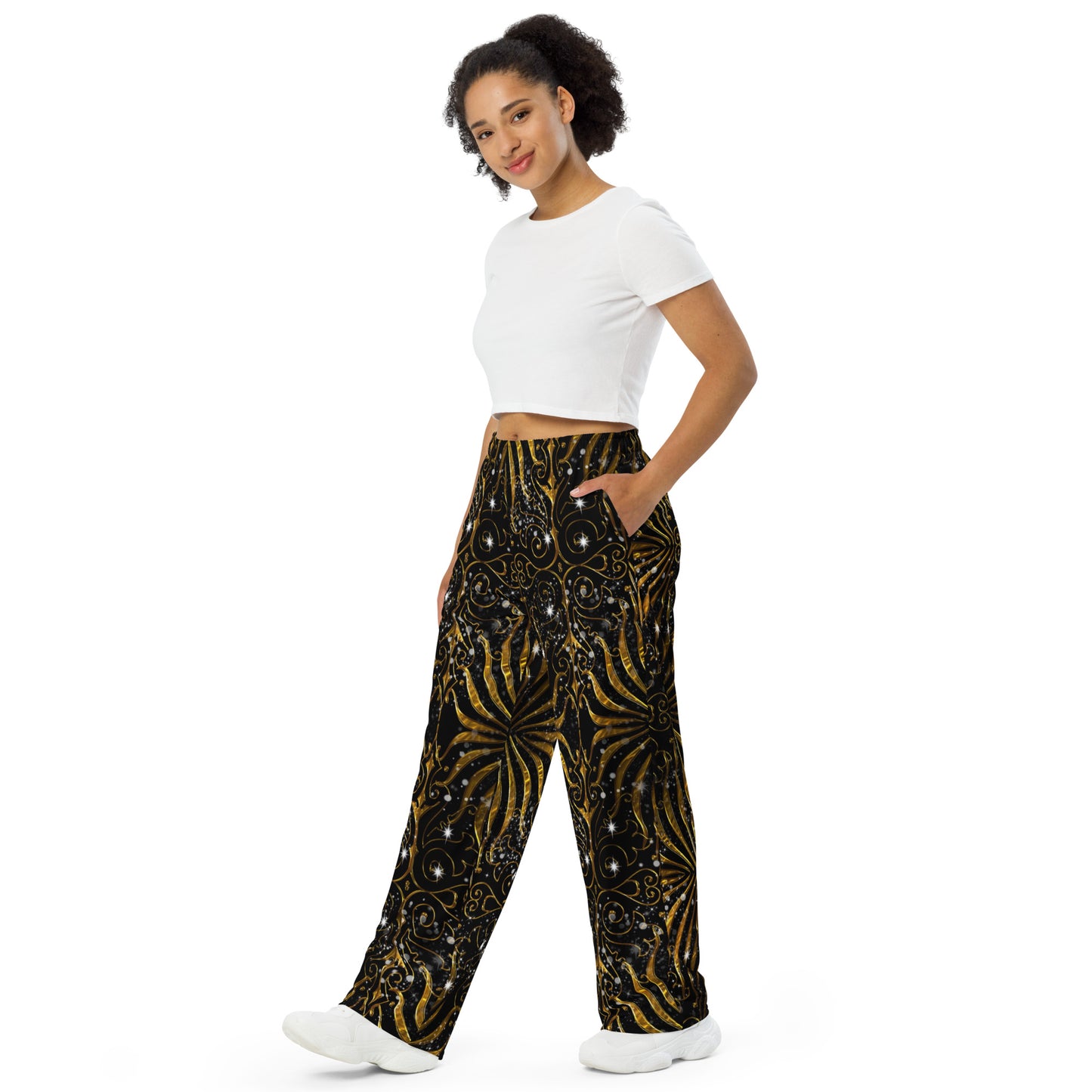 Black and Gold Victorian Sparkle All-over print unisex wide-leg pants