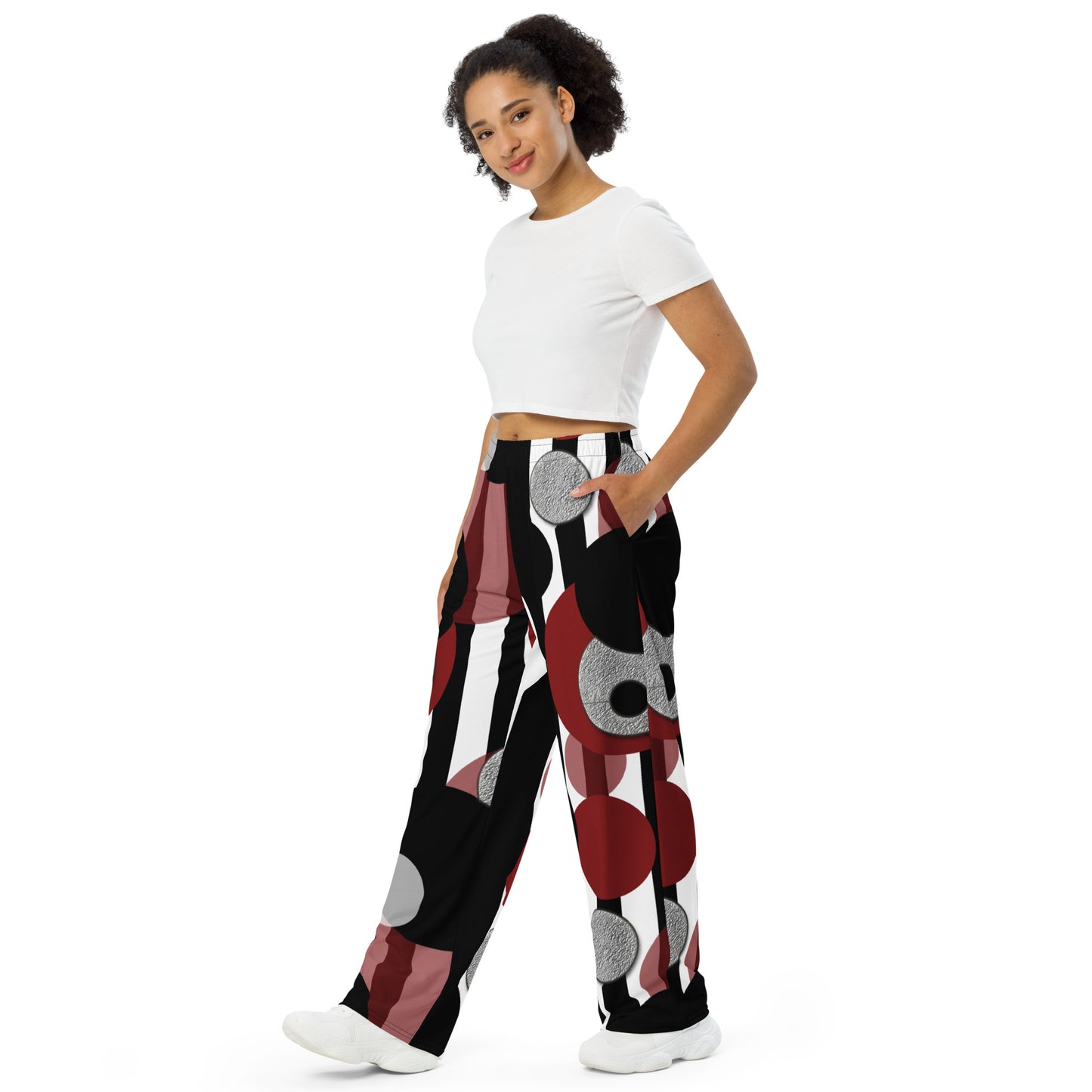 Black and White Stripes Red Dots All-over print unisex wide-leg pants