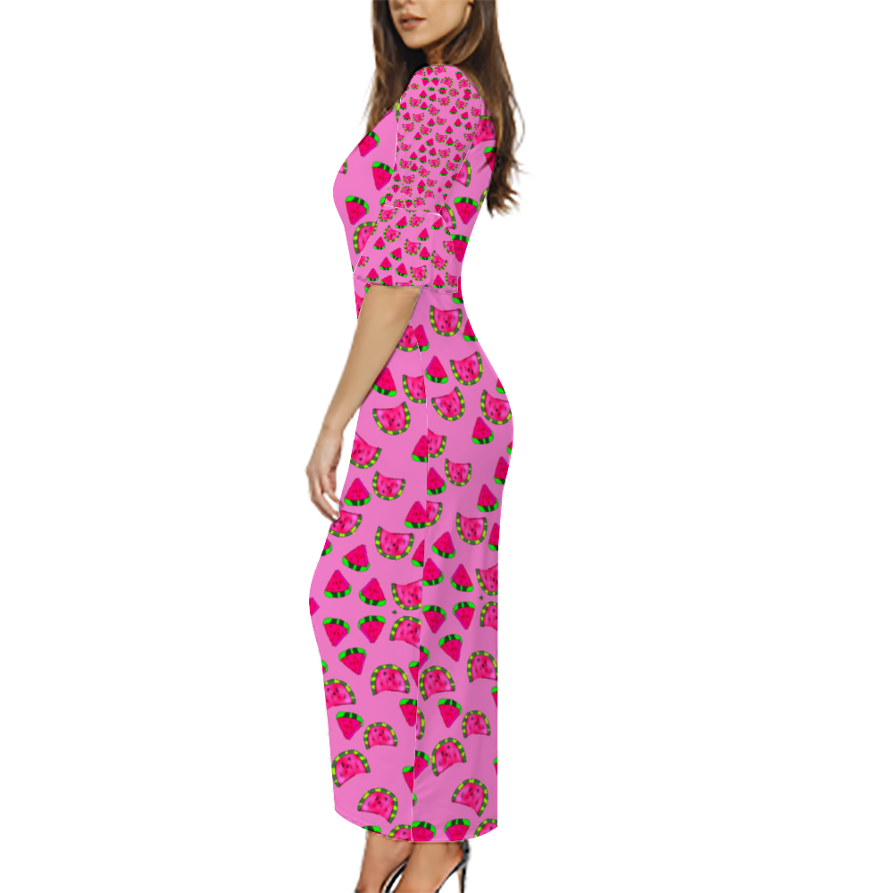 Watermelon Pattern Custom Lotus Leaf Short Sleeve Long Dress Women's Summer Fashion Dress