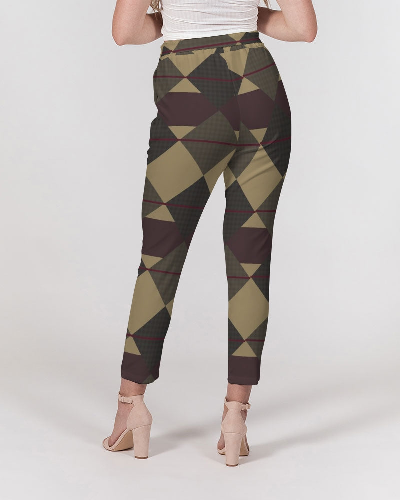 Checkered Brown Plaid Argyle Women's All-Over Print Belted Tapered Pants