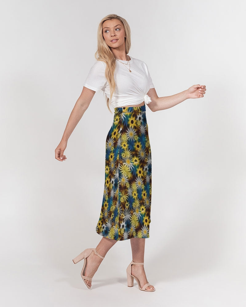 Blue and Yellow Glowing Daisies Women's All-Over Print A-Line Midi Skirt