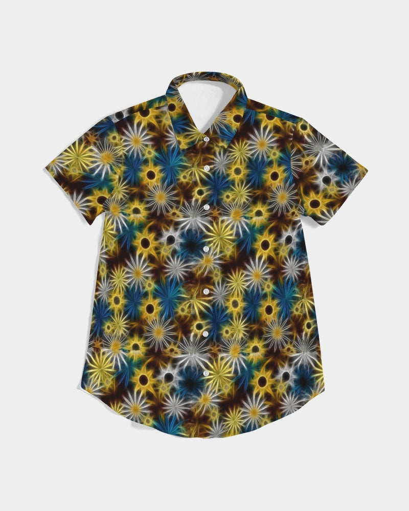 Blue and Yellow Glowing Daisies Women's All-Over Print Short Sleeve Button Up