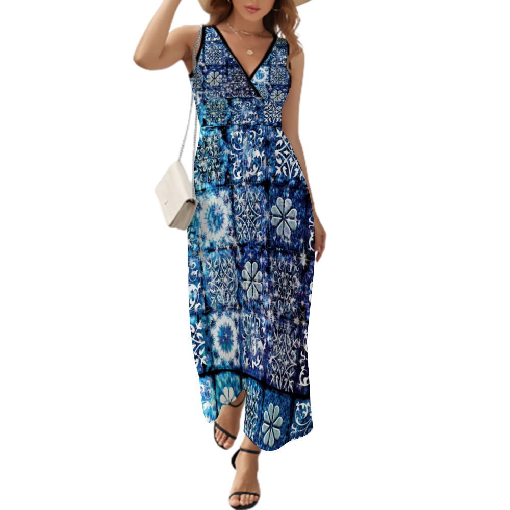 Blue Ice C rystals Motif Custom All Over Print Women's Sleeveless Dress Summer Fashion Long Skirts