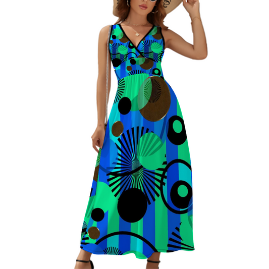 Blue Green Stripes and Dots Custom All Over Print Women's Sleeveless Dress Summer Fashion Long Skirts