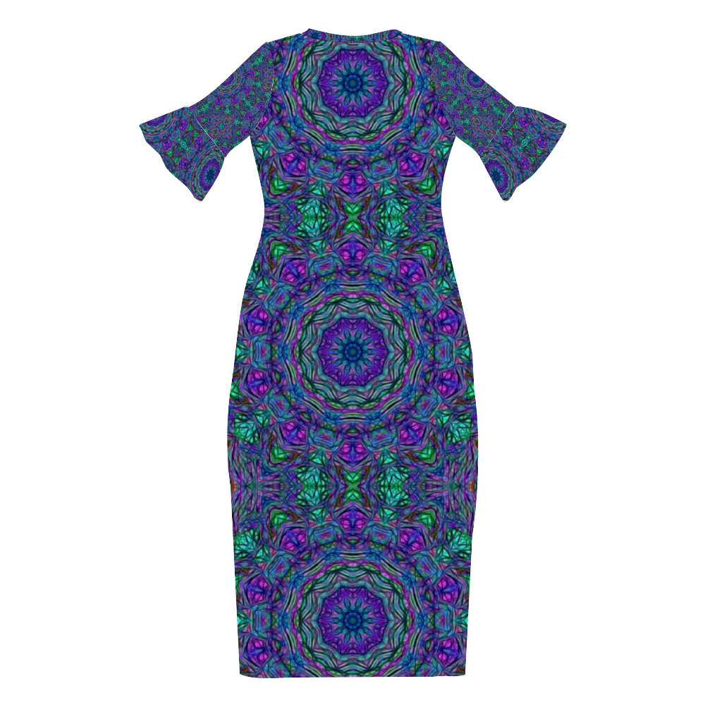 Blue Green Purple Kaleidoscope Custom Lotus Leaf Short Sleeve Long Dress Women's Summer Fashion Dress