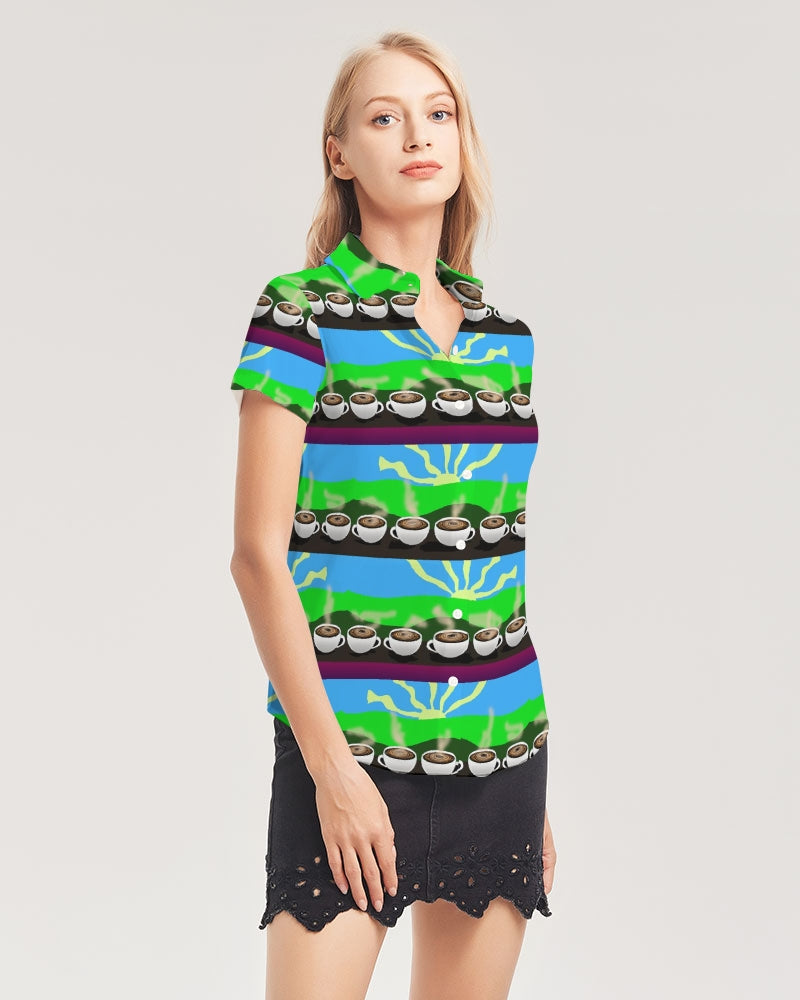 Coffee Morning Pattern Women's All-Over Print Short Sleeve Button Up