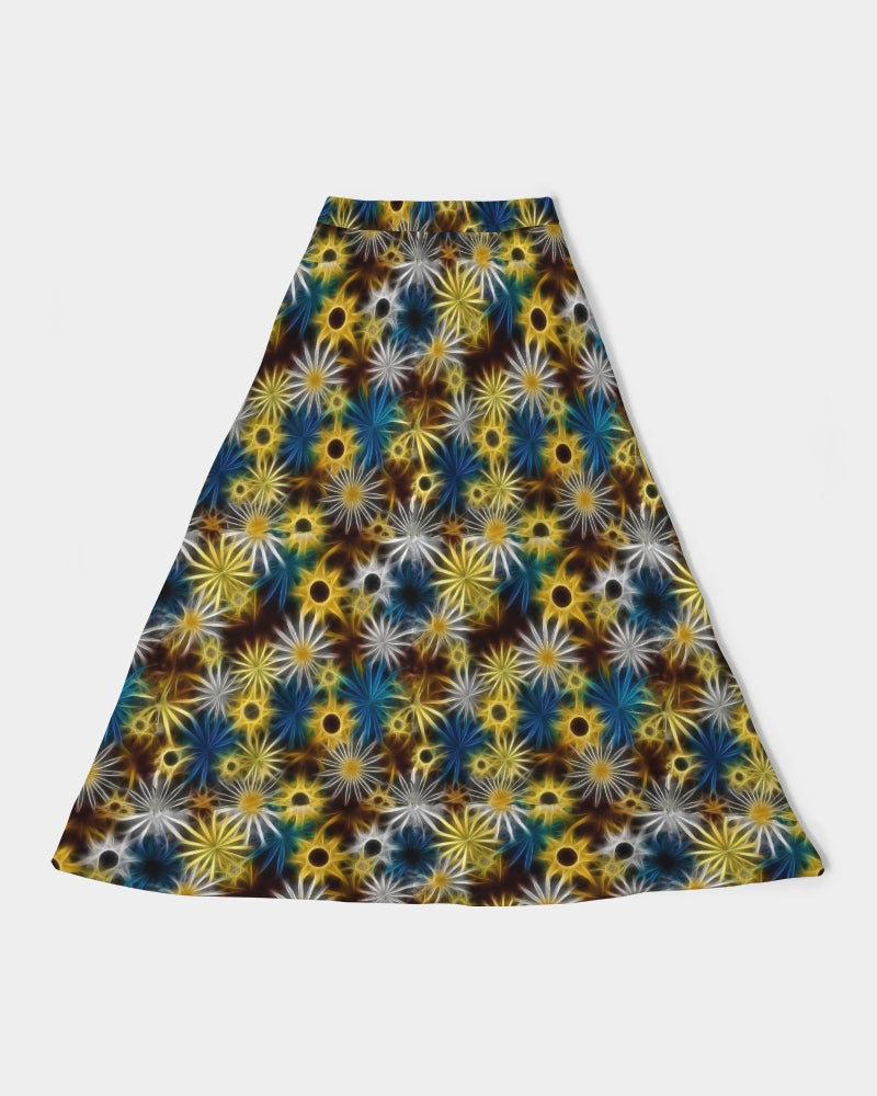 Blue and Yellow Glowing Daisies Women's All-Over Print A-Line Midi Skirt