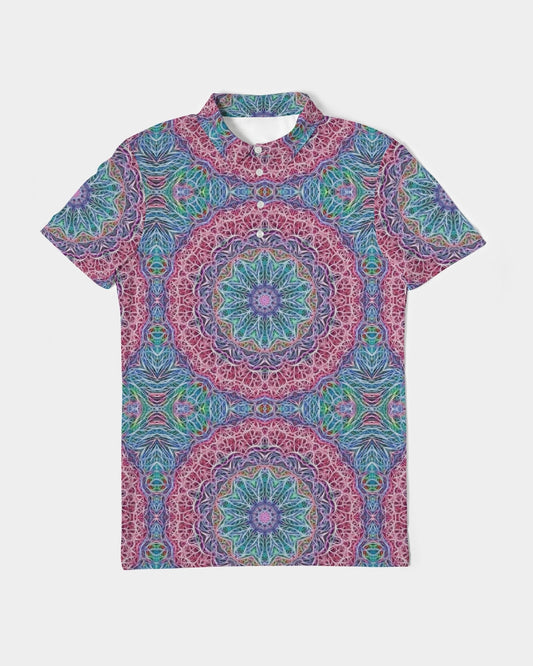 Blue Red Snowflake Kaleidoscope Men's All-Over Print Slim Fit Short Sleeve Polo