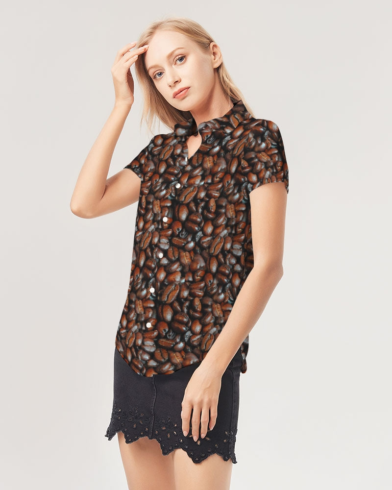 Coffee Bean Pattern Women's All-Over Print Short Sleeve Button Up