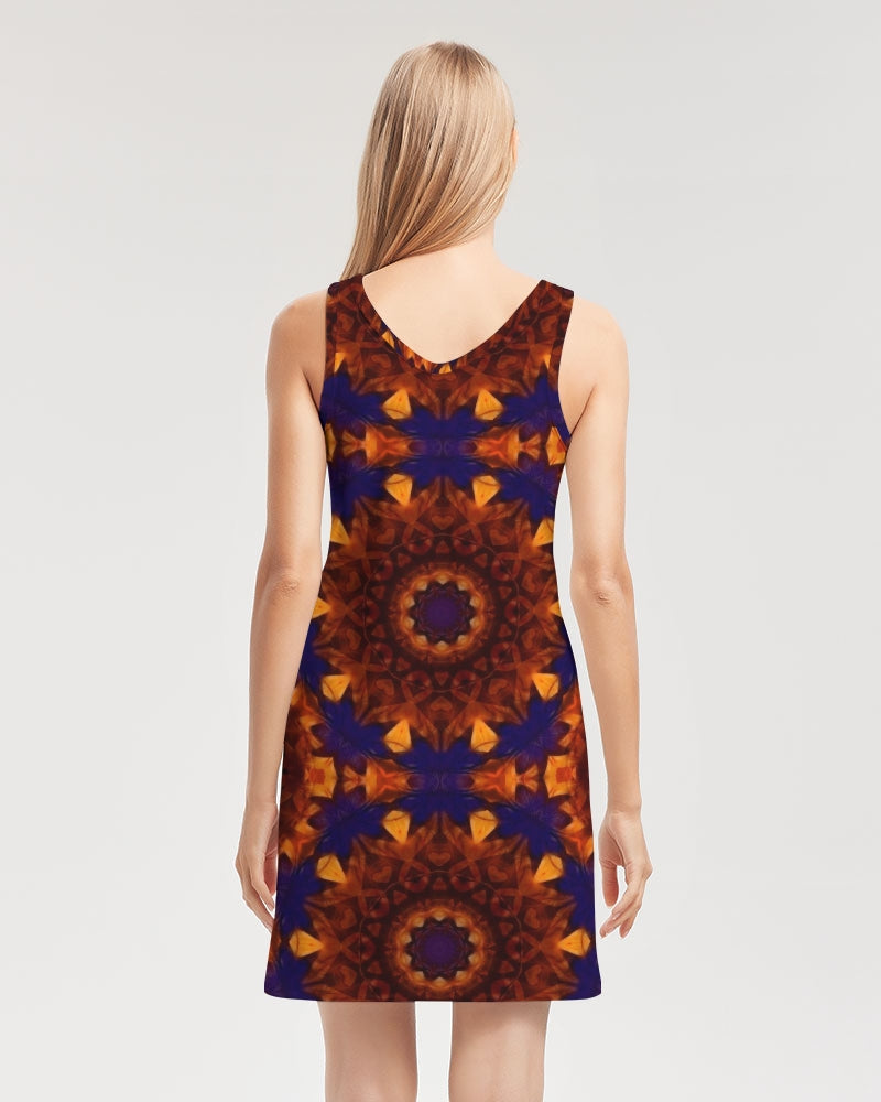 Blue Orange Red Kaleidoscope Women's All-Over PrintRib Knit V Neck Mini Dress