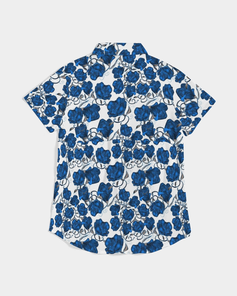 Blue Roses Women's All-Over Print Short Sleeve Button Up