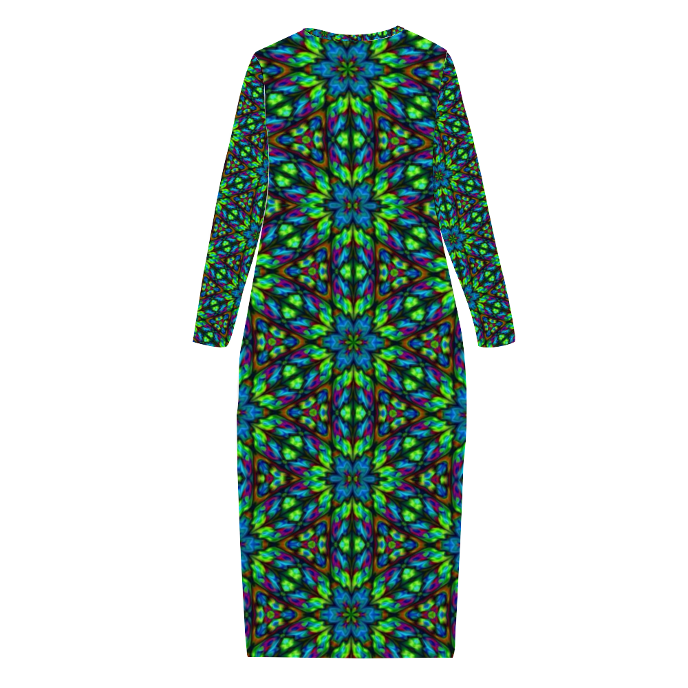 Blue Green Kaleidoscope Custom Women's Long Sleeve Dress Summer All Over Print Stylish Long Dress