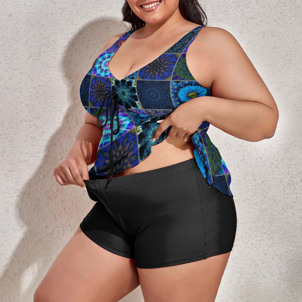 Blue Crazy Quilt Custom Women's Plus Size Two Piece Swimsuit Stylish Swimwear