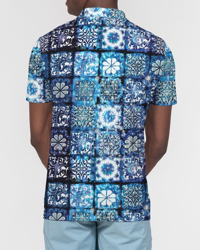 Blue Ice Crystals Motif Men's All-Over Print Slim Fit Short Sleeve Polo