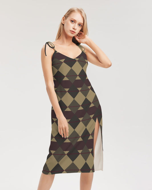 Checkered Brown Plaid Argyle Women's All-Over Print Tie Strap Split Dress