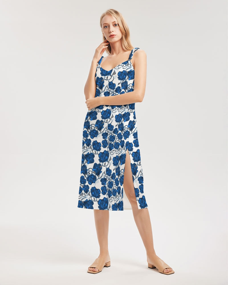 Blue Roses Women's All-Over Print Tie Strap Split Dress