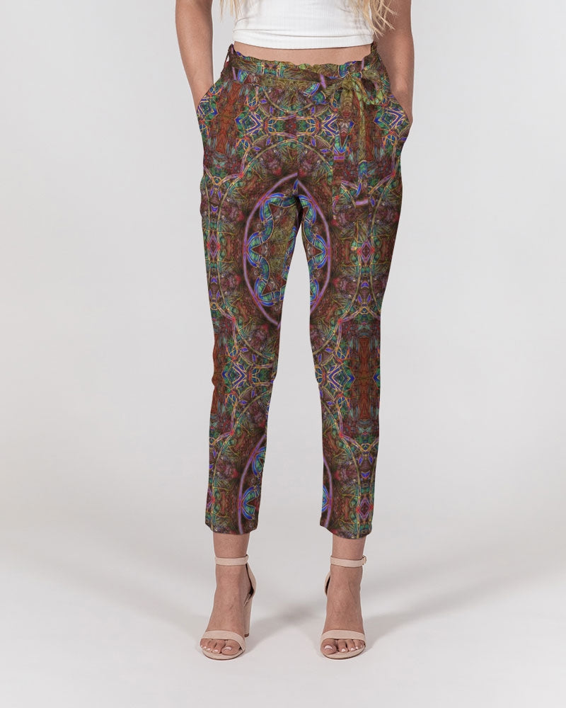 Blue Pink Windy Kaleidoscope Women's All-Over Print Belted Tapered Pants