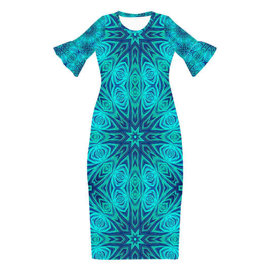 Blue Ice Fractal Kaleidoscope Custom Lotus Leaf Short Sleeve Long Dress Women's Summer Fashion Dress