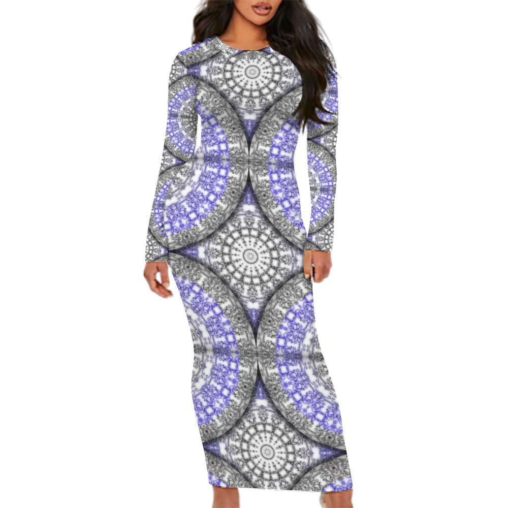 blue and White Vines Pattern Custom Women's Long Sleeve Dress Summer All Over Print Stylish Long Dress