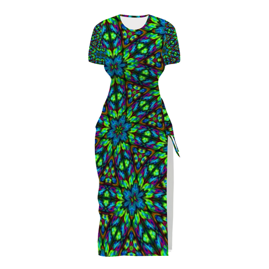 Blue Green Kaleidoscope Custom Women's Split Dress Summer Stylish Short Sleeve Dress