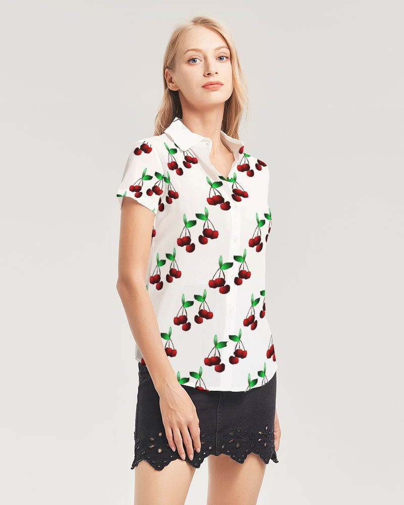 Cherries Pattern Women's All-Over Print Short Sleeve Button Up