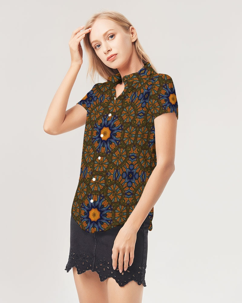 Blue and Yellow Sketch Kaleidoscope  Women's All-Over Print Short Sleeve Button Up