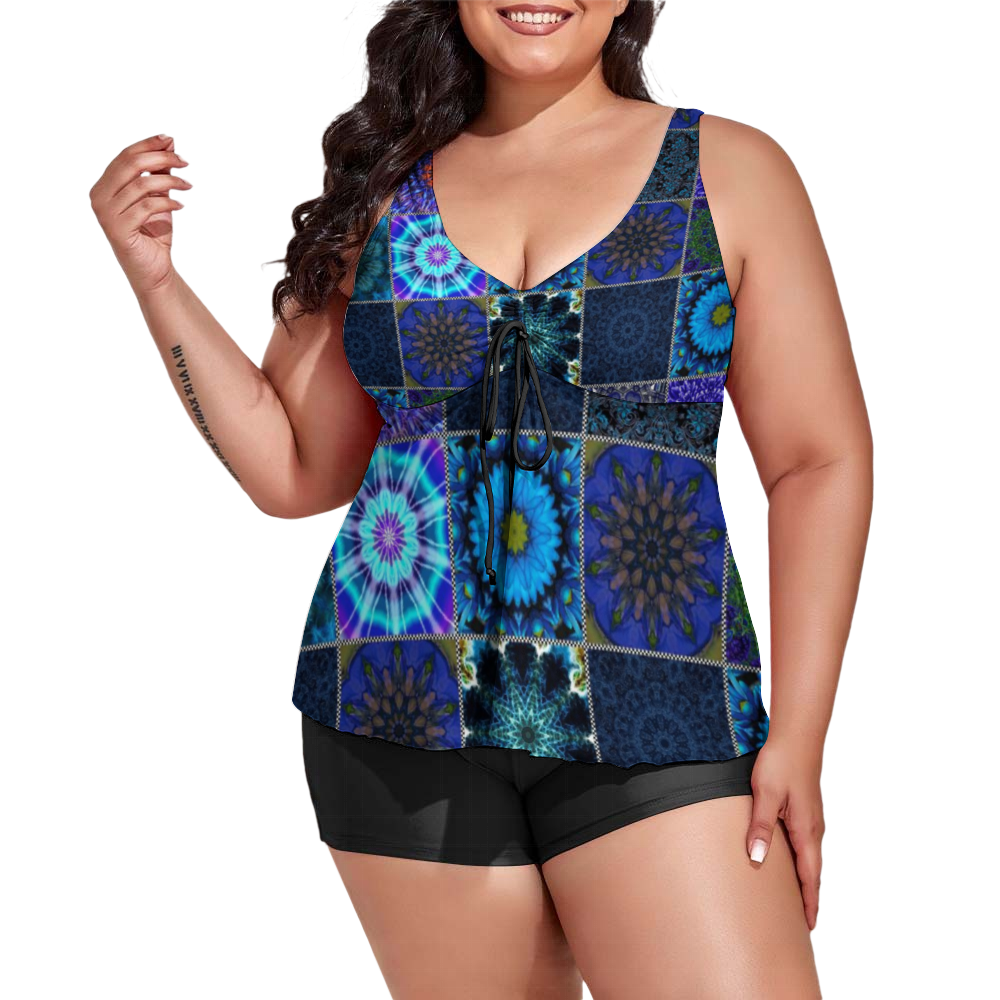 Blue Crazy Quilt Custom Women's Plus Size Two Piece Swimsuit Stylish Swimwear