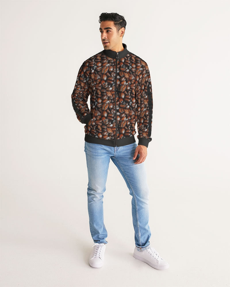 Coffee Bean Pattern Men's All-Over Print Stripe Sleeve Track Jacket