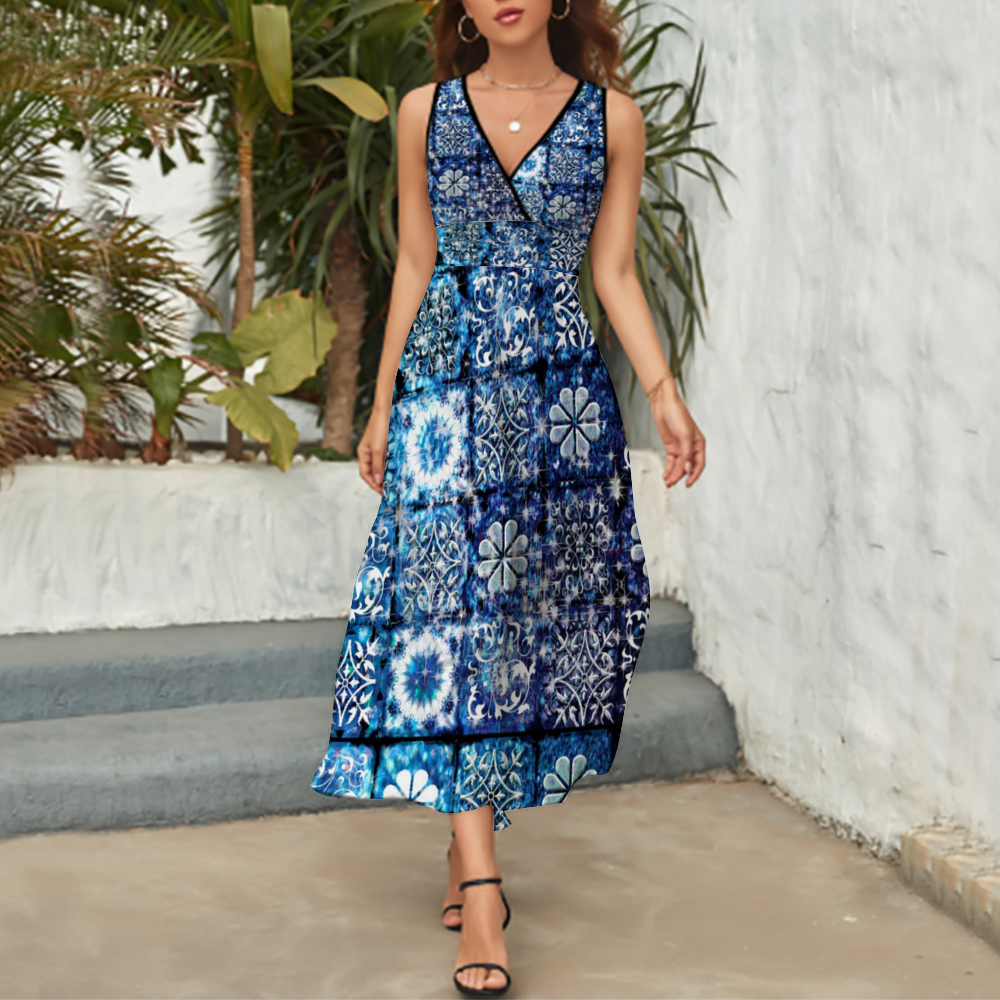 Blue Ice C rystals Motif Custom All Over Print Women's Sleeveless Dress Summer Fashion Long Skirts