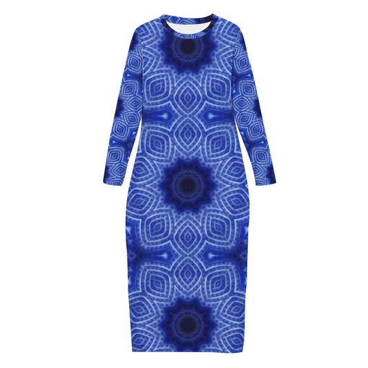 Blue and White Striped Kaleidoscope Custom Women's Long Sleeve Dress Summer All Over Print Stylish Long Dress