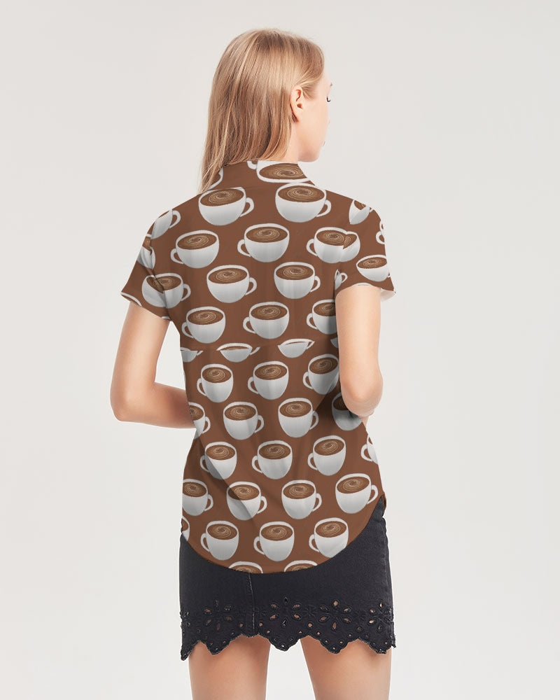 Coffee on Coffee Women's All-Over Print Short Sleeve Button Up