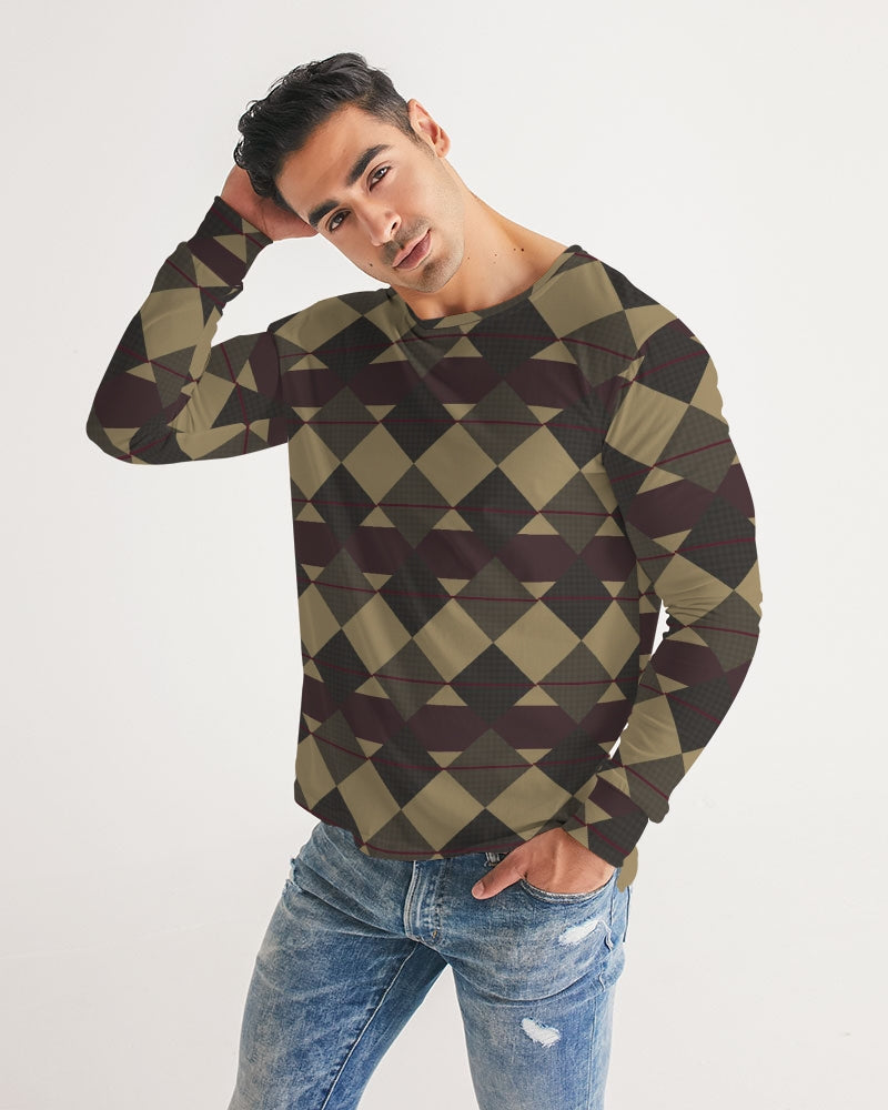 Checkered Brown Plaid Argyle Men's All-Over Print Long Sleeve Tee