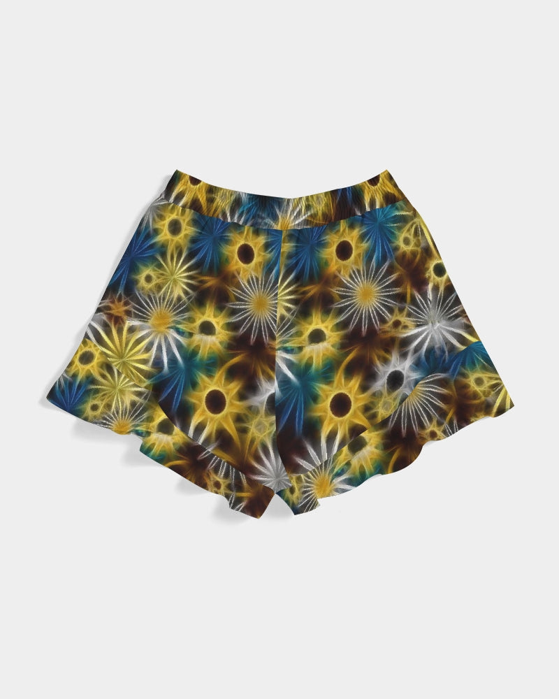 Blue and Yellow Glowing Daisies Women's All-Over Print Ruffle Shorts