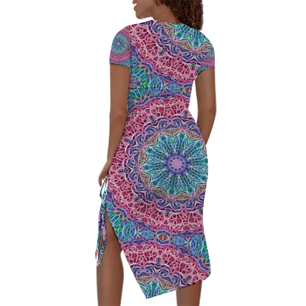 Blue and Pink Kaleidoscope Custom Women's Split Dress Summer Stylish Short Sleeve Dress