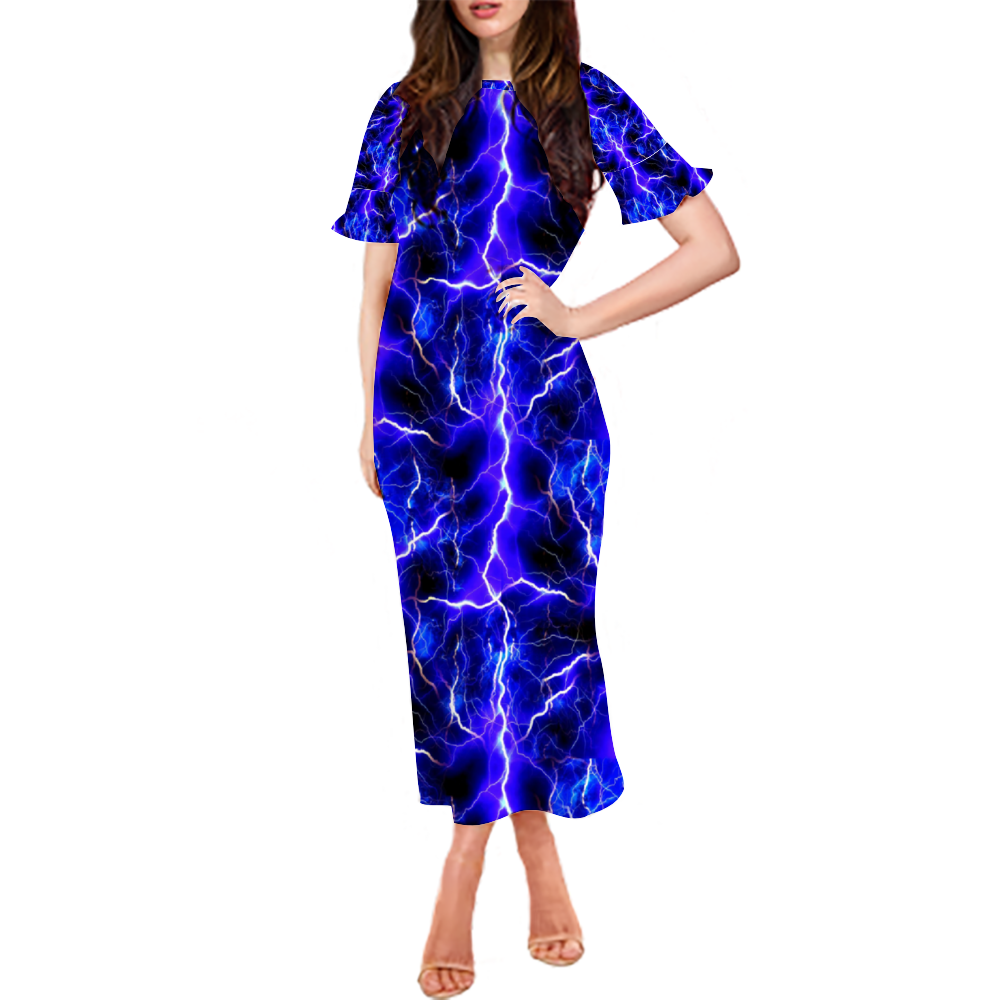 Blue Lightning Custom Lotus Leaf Short Sleeve Long Dress Women's Summer Fashion Dress