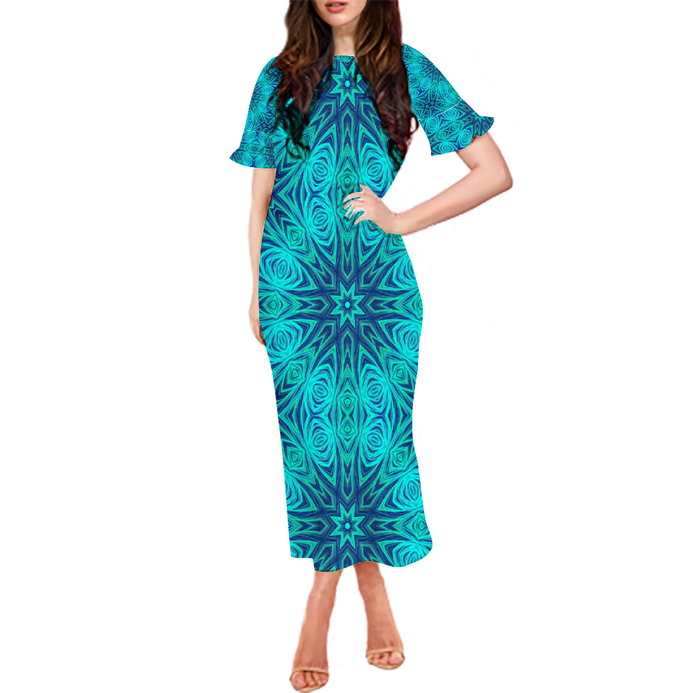 Blue Ice Fractal Kaleidoscope Custom Lotus Leaf Short Sleeve Long Dress Women's Summer Fashion Dress