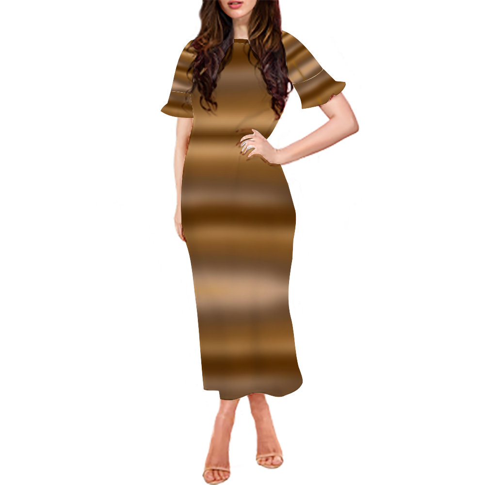 Coffee Gradient Custom Lotus Leaf Short Sleeve Long Dress Women's Summer Fashion Dress