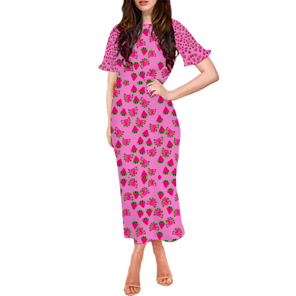 Watermelon Pattern Custom Lotus Leaf Short Sleeve Long Dress Women's Summer Fashion Dress